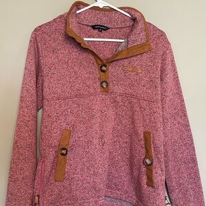 Simply Southern Rose Herringbone Knit Pullover with Tan Trim